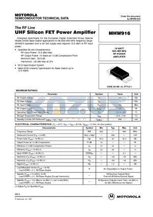 MHW916 datasheet - 16 WATT 925-960 MHz RF POWER AMPLIFIER