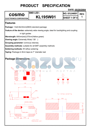 KL195W01 datasheet - Etremely Wde viewing angle; ideal for backlighting and Coupling light guides