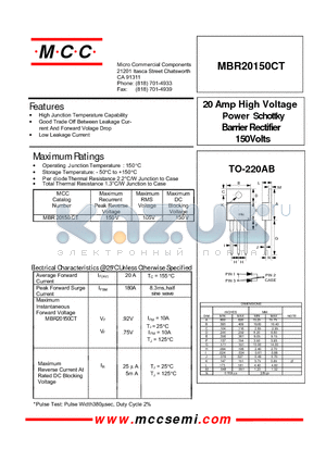 MBR20150 datasheet - 20 Amp High Voltage Power Schottky Barrier Rectifier 150Volts