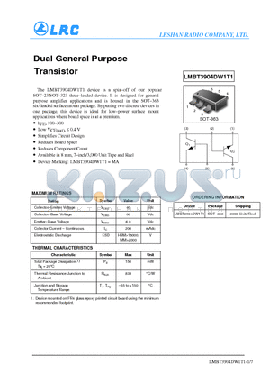 LMBT3904DW1T1 datasheet - Dual General Purpose Transistor