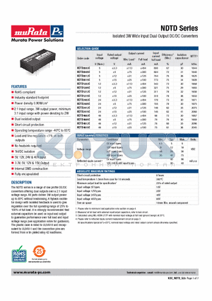 NDTD1212C datasheet - Isolated 3W Wide Input Dual Output DC/DC Converters