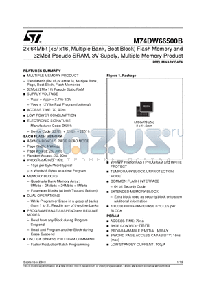 M74DW66500B datasheet - 2x 64Mbit (x8/ x16, Multiple Bank, Boot Block) Flash Memory and 32Mbit Pseudo SRAM, 3V Supply, Multiple Memory Product