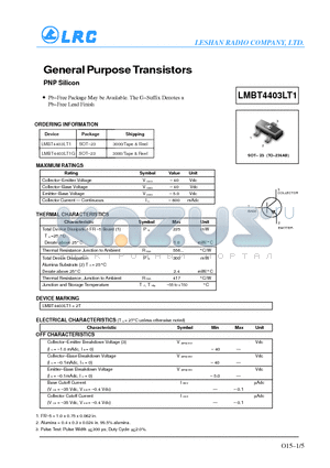LMBT4403LT1 datasheet - General Purpose Transistors (PNP SILICON)