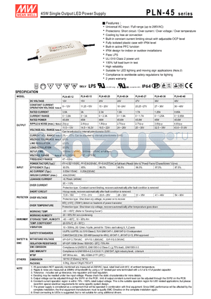 PLN-45 datasheet - 45W Single Output LED Power Supply