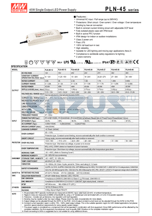 PLN-45-12 datasheet - 45W Single Output LED Power Supply