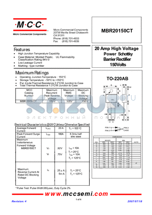 MBR20150CT_07 datasheet - 20 Amp High Voltage Power Schottky Barrier Rectifier 150Volts
