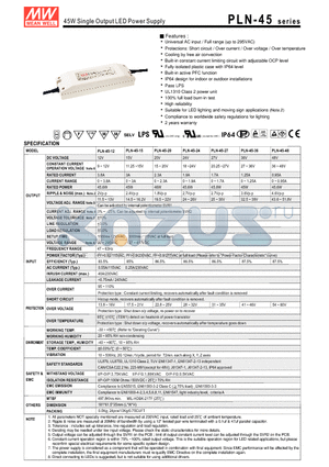 PLN-45-15 datasheet - 45W Single Output LED Power Supply