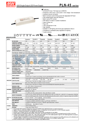 PLN-45-15 datasheet - 45W Single Output LED Power Supply