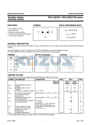 PBYL3020CTB datasheet - Rectifier diodes Schottky barrier