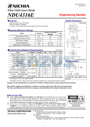 NDU4316E datasheet - Ultra Violet Laser Diode