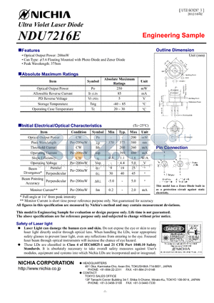 NDU7216E datasheet - Ultra Violet Laser Diode