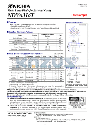 NDVA316T datasheet - Violet Laser Diode for External Cavity