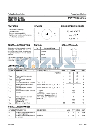 PBYR1045 datasheet - Rectifier diodes Schottky barrier