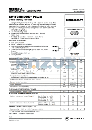 MBR20200CT datasheet - SWITCHMODE Power Dual Schottky Rectifier