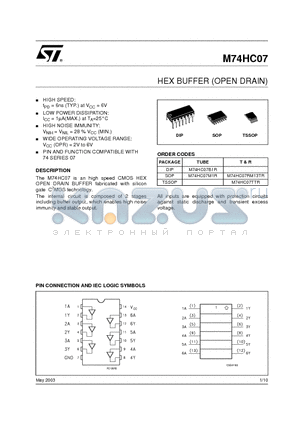 M74HC07B1R datasheet - HEX BUFFER OPEN DRAIN