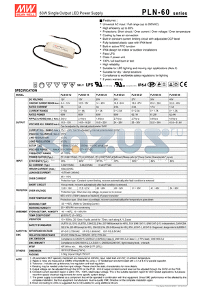 PLN-60-12 datasheet - 60W Single Output LED Power Supply