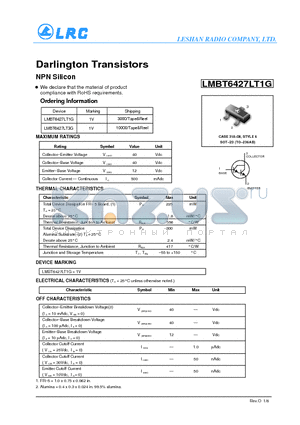 LMBT6427LT3G datasheet - Darlington Transistors NPN Silicon RoHS requirements.