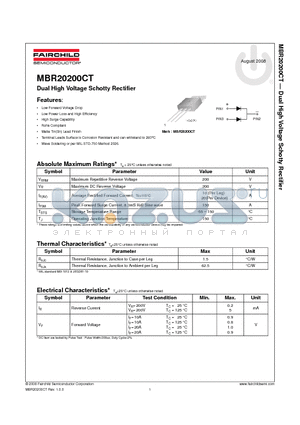 MBR20200CT datasheet - Dual High Voltage Schotty Rectifier