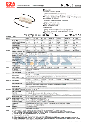 PLN-60-27 datasheet - 60W Single Output LED Power Supply