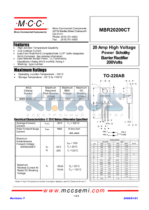 MBR20200CT datasheet - 20 Amp High Voltage Power Schottky Barrier Rectifier 200Volts