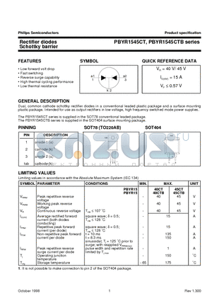 PBYR1540CTB datasheet - Rectifier diodes Schottky barrier