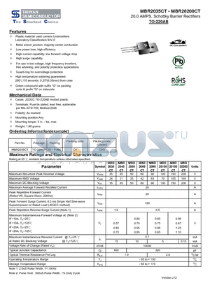MBR20200CT datasheet - 20.0 AMPS. Schottky Barrier Rectifiers Low power loss, high efficiency