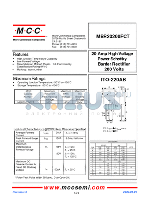 MBR20200FCT datasheet - 20 Amp High Voltage Power Schottky Barrier Rectifier 200 Volts