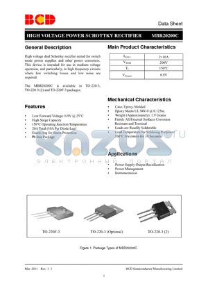 MBR20200CTF-E1 datasheet - HIGH VOLTAGE POWER SCHOTTKY RECTIFIER