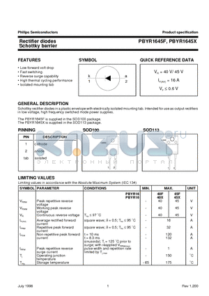 PBYR1645F datasheet - Rectifier diodes Schottky barrier