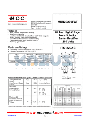 MBR20200FCT datasheet - 20 Amp HighVoltage Power Schottky Barrier Rectifier 200 Volts