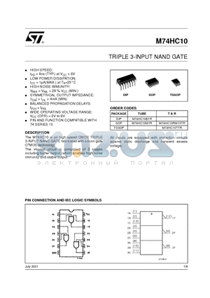 M74HC10B1 datasheet - TRIPLE 3-INPUT NAND GATE