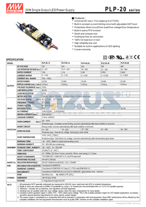 PLP-20-12 datasheet - 20W Single Output LED Power Supply