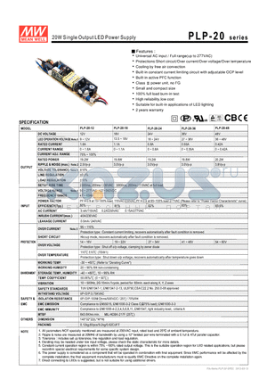 PLP-20-18 datasheet - 20W Single Output LED Power Supply