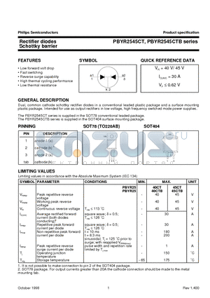 PBYR2545CTB datasheet - Rectifier diodes Schottky barrier