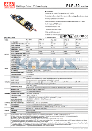 PLP-20-48 datasheet - 20W Single Output LED Power Supply