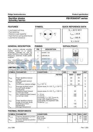 PBYR3040 datasheet - Rectifier diodes Schottky barrier