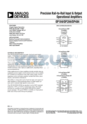 OP-184 datasheet - Precision Rail-to-Rail Input & Output Operational Amplifiers