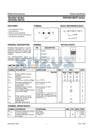 PBYR3080WT datasheet - Rectifier diodes Schottky barrier