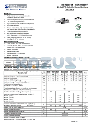 MBR2035CT datasheet - 20.0 AMPS. Schottky Barrier Rectifiers Low power loss, high efficiency