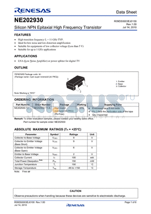 NE202930-T1 datasheet - Silicon NPN Epitaxial High Frequency Transistor