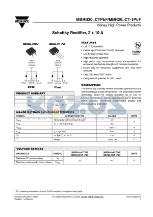MBR2035CT-1PBF datasheet - Schottky Rectifier, 2 x 10 A