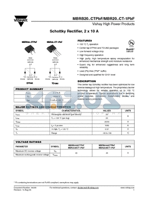 MBR2035CT-1P datasheet - Schottky Rectifier, 2 x 10 A