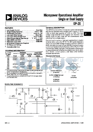 OP-20FP datasheet - Micropower Operational Amplifier Single or Dual Supply