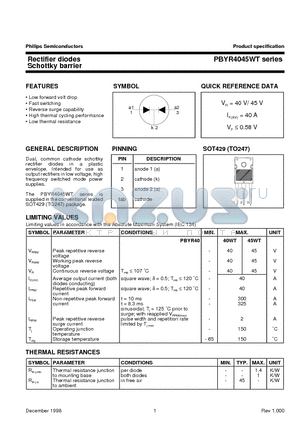 PBYR4045WT datasheet - Rectifier diodes Schottky barrier