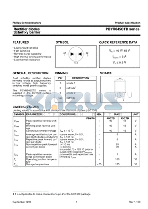 PBYR640CTD datasheet - Rectifier diodes Schottky barrier