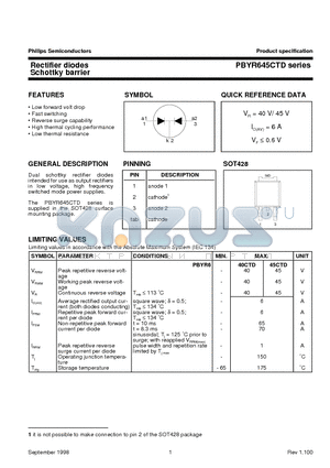 PBYR645CTD datasheet - Rectifier diodes Schottky barrier