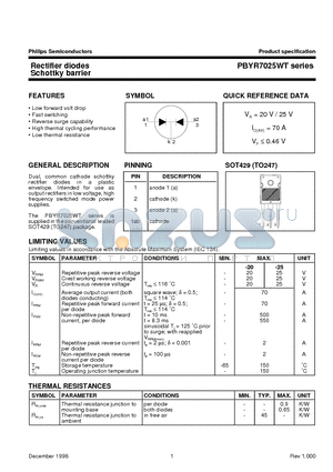 PBYR7020WT datasheet - Rectifier diodes Schottky barrier