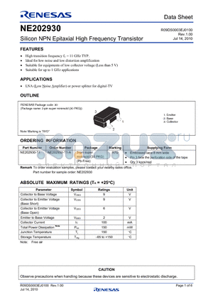 NE202930 datasheet - Silicon NPN Epitaxial High Frequency Transistor