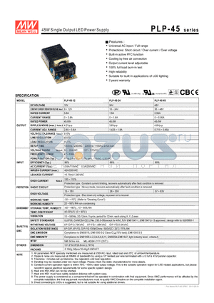 PLP-45 datasheet - 45W Single Output LED Power Supply