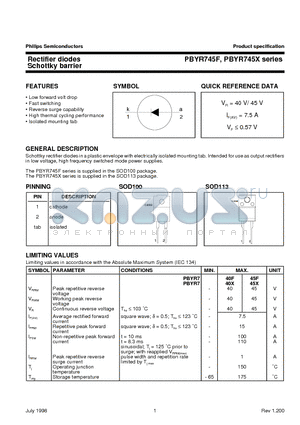 PBYR740F datasheet - Rectifier diodes Schottky barrier